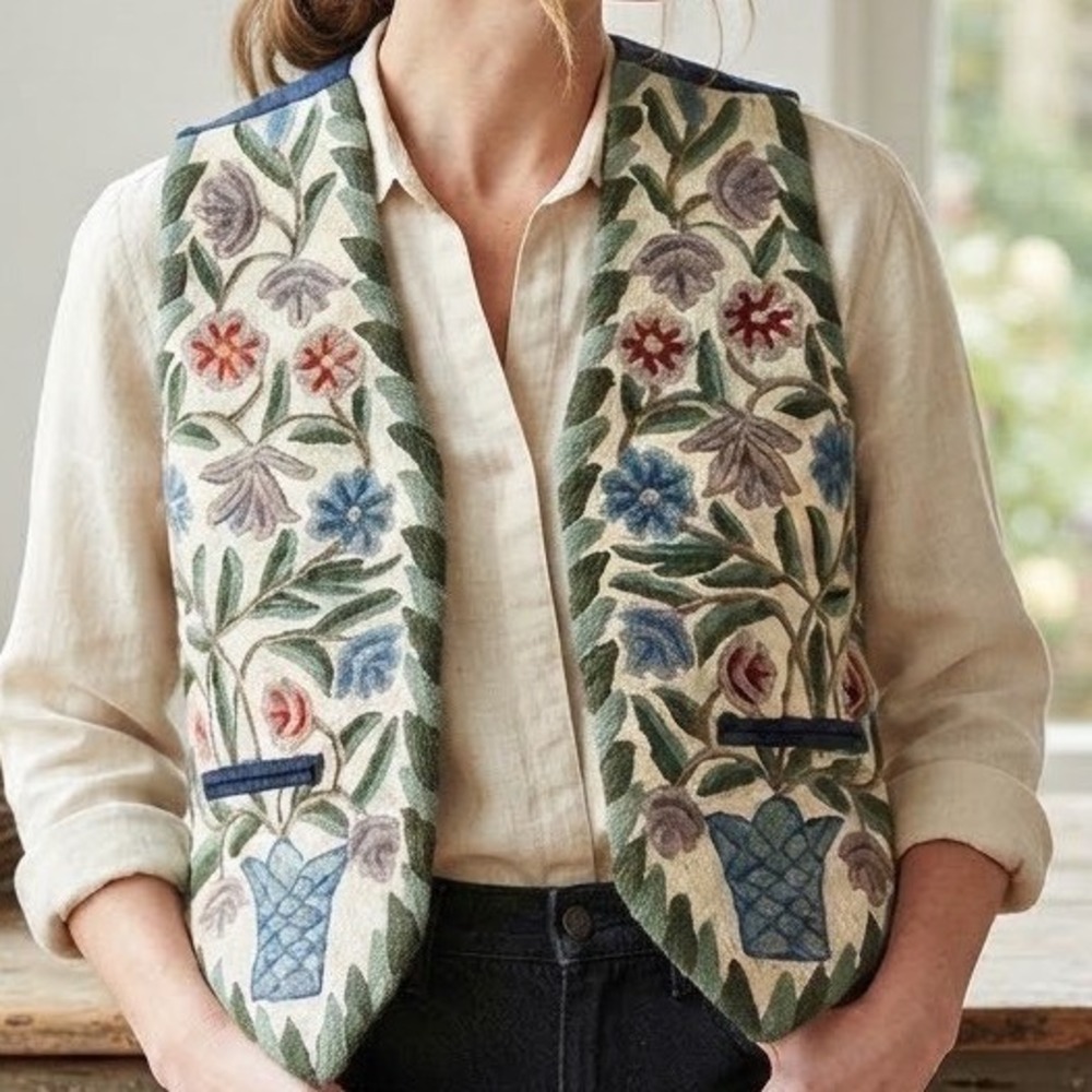 VTG Orvis Womens Small Wool Floral Crewel Embroidered Vest Navy Blue Cottagecore